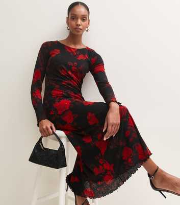 Black Mesh Rose Print Long Sleeve Midi Dress