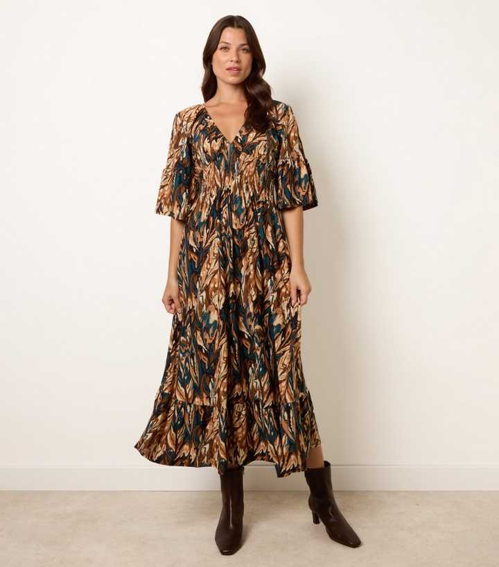 Blue Vanilla Dark Brown Elasticated Waist V-Neck Midi Dress