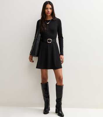 Black Ponte Long Sleeve Flared Mini Dress