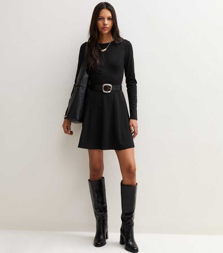 Black Ponte Long Sleeve Flared Mini Dress