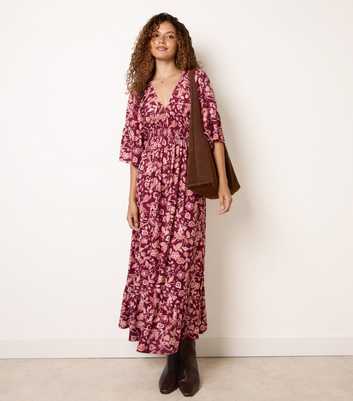 Blue Vanilla Dark Burgundy Floral V-Neck Midi Dress