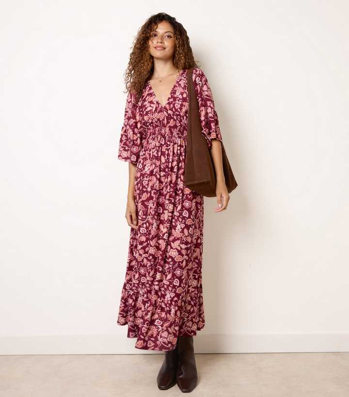 Blue Vanilla Dark Burgundy Floral V-Neck Midi Dress