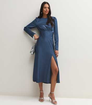 Dark Blue Satin Puff Sleeve Side Slit Midi Dress