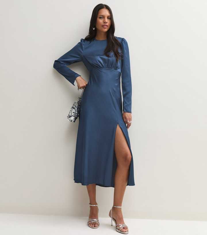 Dark Blue Satin Puff Sleeve Side Slit Midi Dress