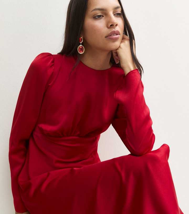 Bright Red Satin Puff Sleeve Side Slit Midi Dress
