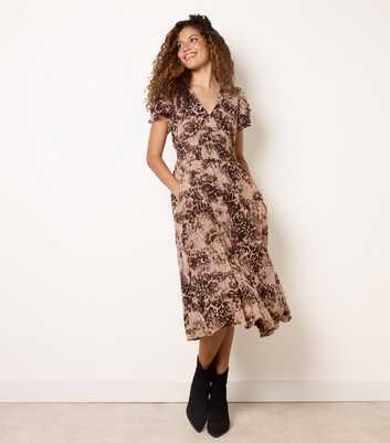 Blue Vanilla Brown Mesh Animal Print Shirred Midi Dress