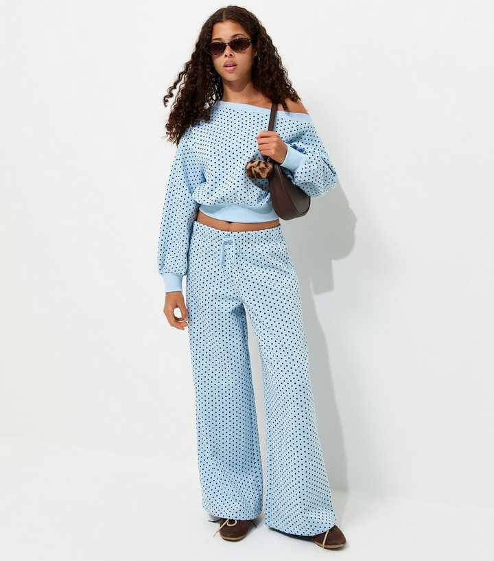 Girls Light Blue With Cotton Polka Dot Print Wide Leg Joggers