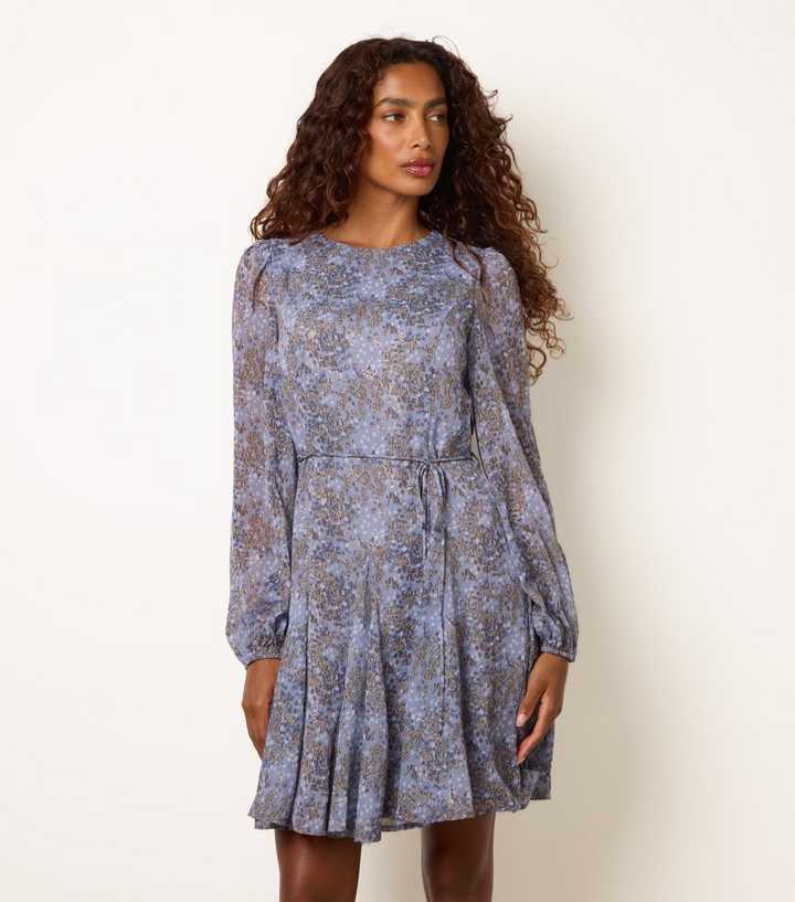 Blue Vanilla Blue Patterned Tie Waist Godet Mini Dress