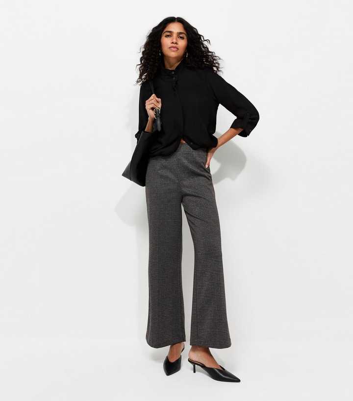 Grey Check Jersey Wide Leg Trousers
