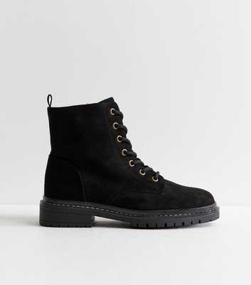 Wide Fit Black Faux Suede Stitch Trim Faux Lace Up Ankle Boots