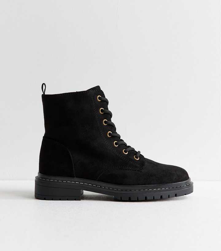 Wide Fit Black Faux Suede Stitch Trim Faux Lace Up Ankle Boots
