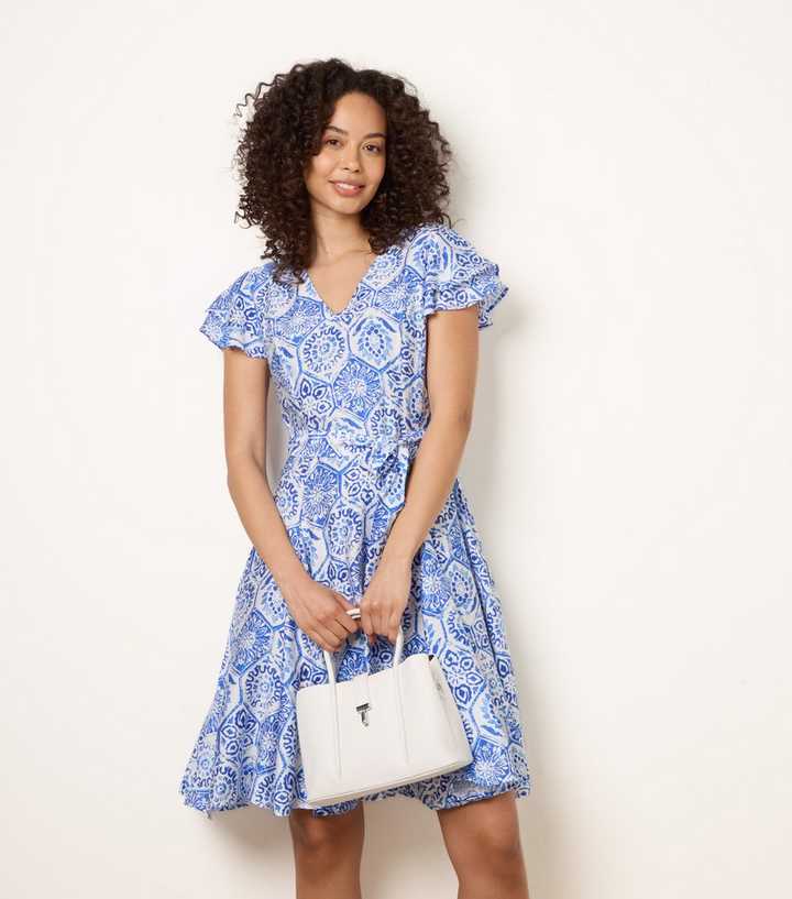 Blue Vanilla Bright Blue Tile Print Flutter Sleeve Mini Dress