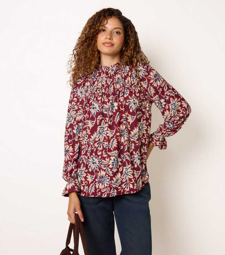 Blue Vanilla Burgundy Frill Neck Smock Neck Long Sleeve Top