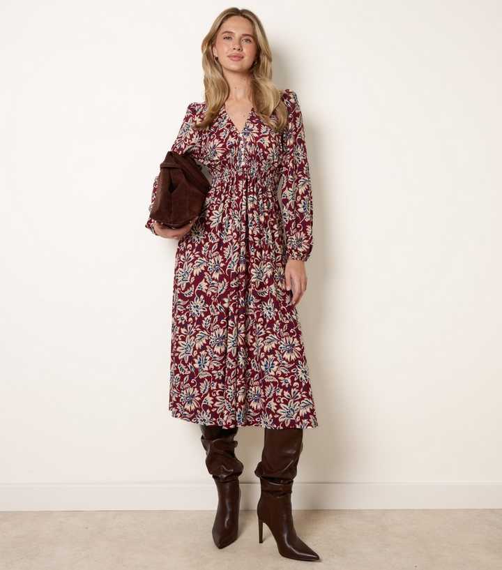 Blue Vanilla Dark Burgundy Floral V Neck Midi Dress