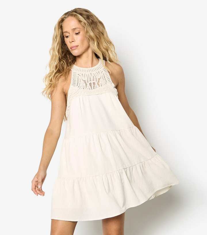 Apricot Stone Crochet Neck Tiered Mini Dress