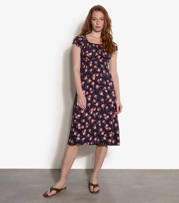 Apricot Purple Floral Cap Sleeve Milkmaid Midi Dress