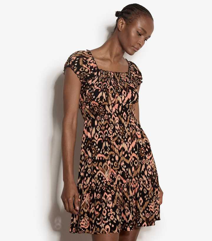 Apricot Black Tie Dye Print Tiered Mini Dress