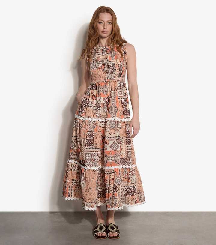 Apricot Orange Cotton Floral Sleeveless Midi Dress