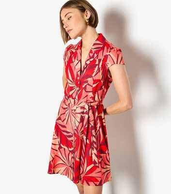 Apricot Red Tropical Leaf Print Mini Shirt Dress