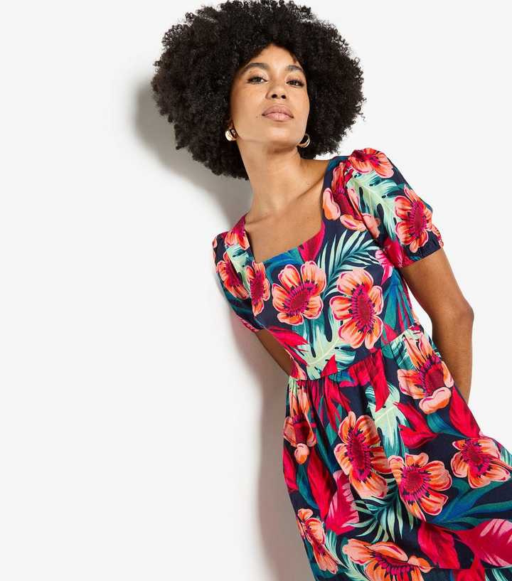 Apricot Red Floral Square Neck Mini Dress