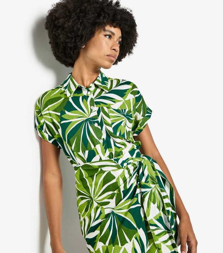 Apricot Green Tropical Leaf Print Mini Shirt