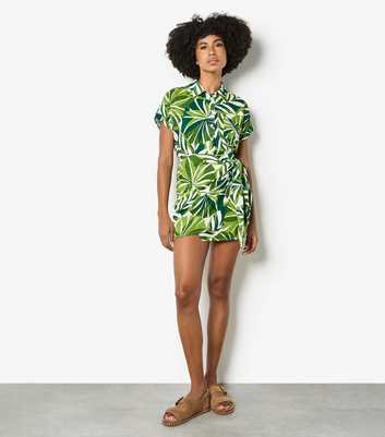 Apricot Green Tropical Leaf Print Wrap Mini Skirt