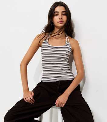 Brown Cotton Rich Striped Strappy Halterneck Top