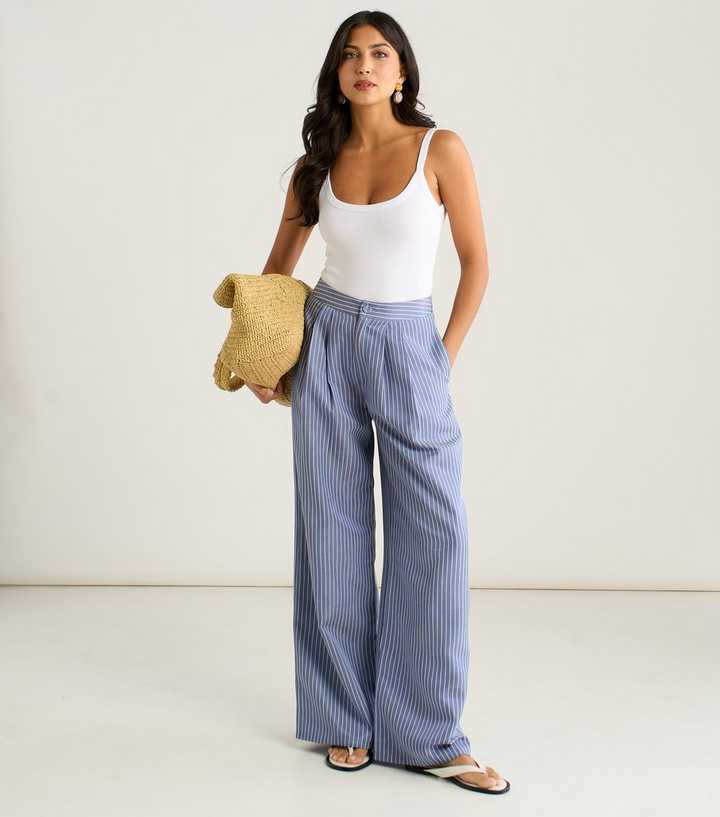 Gini London Blue Striped Wide Leg Pleat Front Trousers