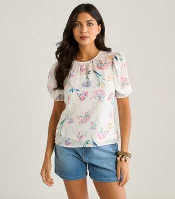 Gini London White Chiffon Floral Print Shirred Blouse