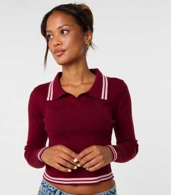 Pink Vanilla Dark Burgundy Contrast Trim Knitted Jumper