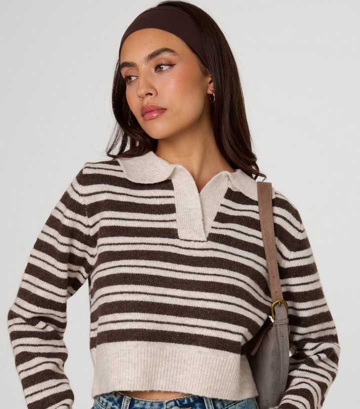 Pink Vanilla Dark Brown Horizontal Stripe Polo Collar Jumper