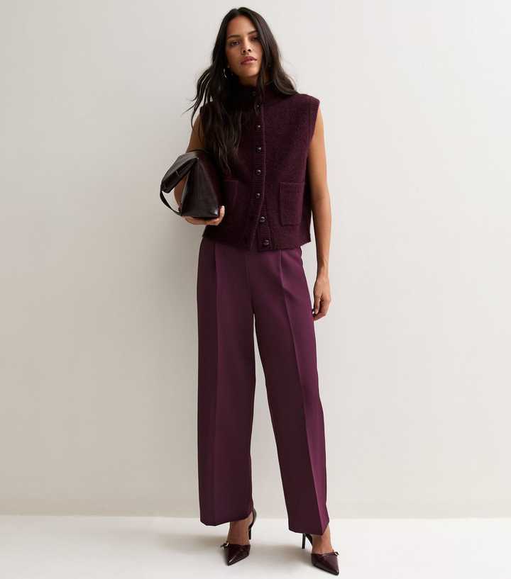 Burgundy Front Pleat Wide Leg Trousers