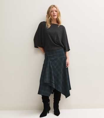 Blue Woven Checked Handkerchief Hem Midi Skirt