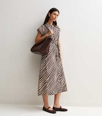 Brown Striped Tie Short Sleeve Midi Shirt Dress