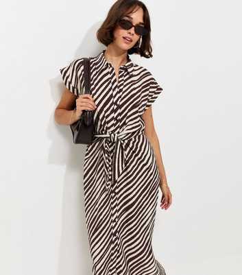 Brown Striped Tie Short Sleeve Midi Shirt Dress