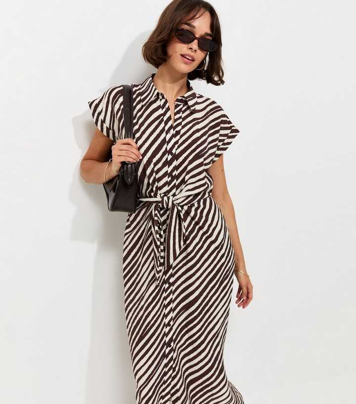 Brown Striped Tie Short Sleeve Midi Shirt Dress
