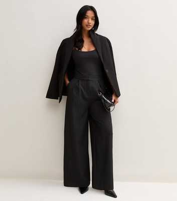 Petite Black Pinstripe Inverted Pleat Wide Leg Trousers