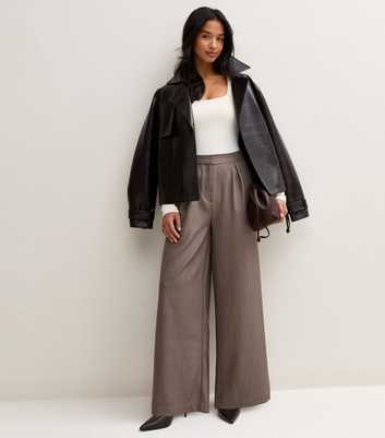 Petite Brown Pinstripe Inverted Pleat Wide Leg Trousers