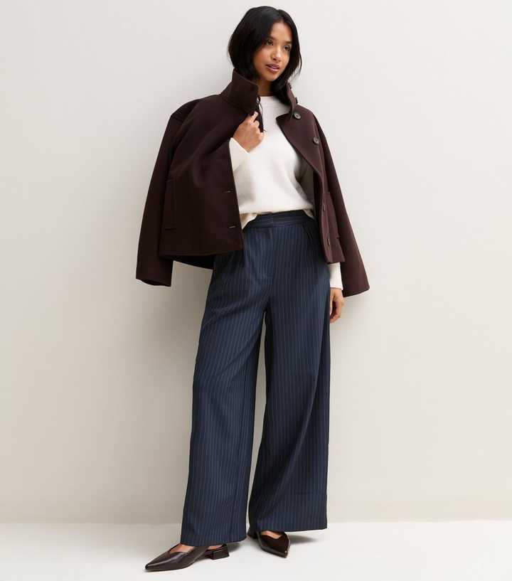 Petite Blue Pinstripe Inverted Pleat Wide Leg Trousers