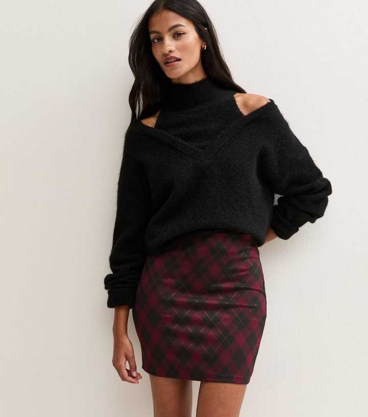 Petite Red Checked Jacquard Tube Mini Skirt