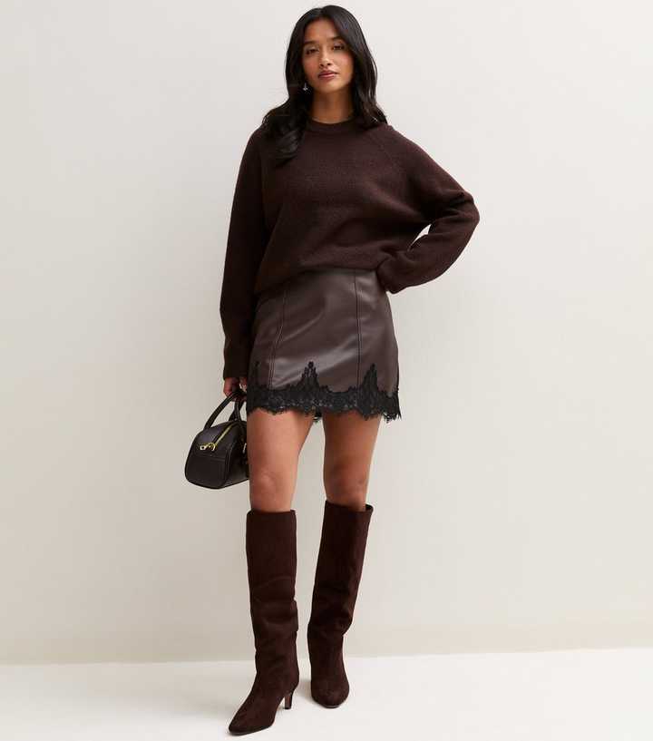 Petite Dark Brown Faux Leather Scallop Lace Hem Mini Skirt