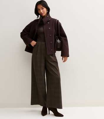 Petite Brown Checked Pleated Wide Leg Trousers