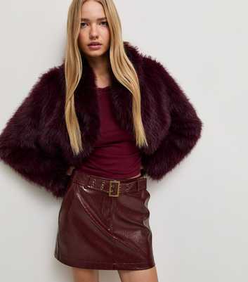 Dark Red Patent Faux Leather Belted Mini Skirt