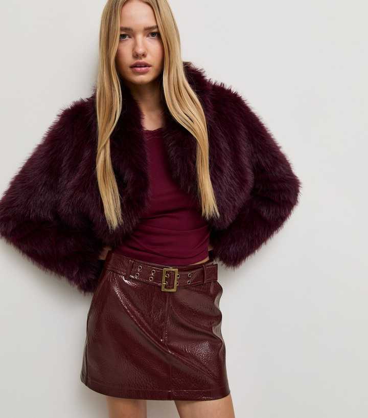 Dark Red Patent Faux Leather Belted Mini Skirt