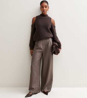 Light Brown Pinstripe Pleated Wide Leg Trousers