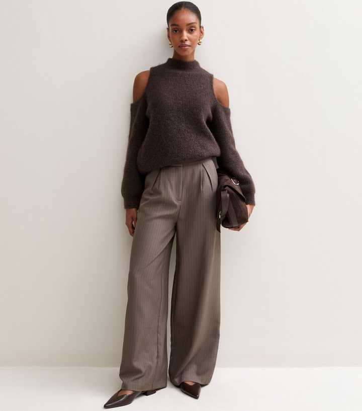 Light Brown Pinstripe Pleated Wide Leg Trousers