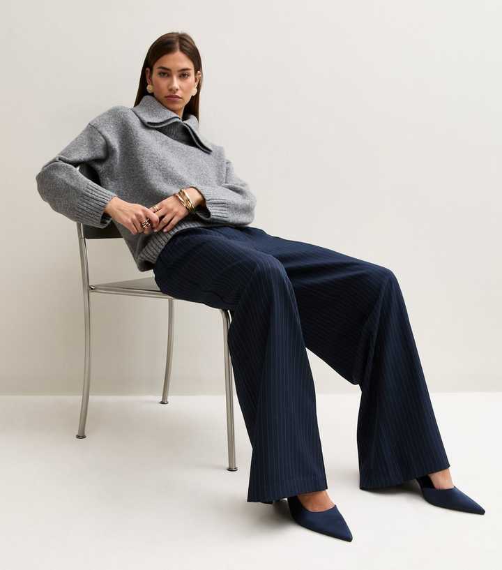 Blue Pinstripe Pleated Wide Leg Trousers