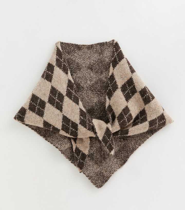Brown Argyle Knit Mini Triangle Scarf
