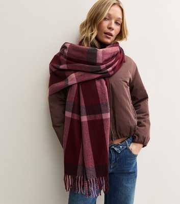 Dark Burgundy Check Pattern Fringed Scarf