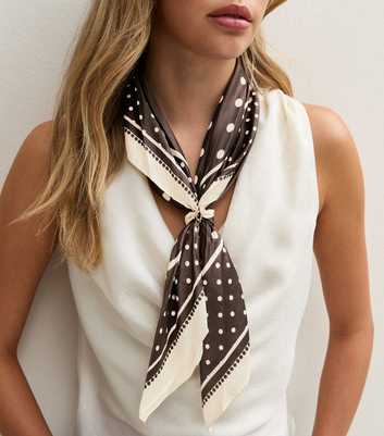 Brown Spot Print Satin Toggle Neck Scarf